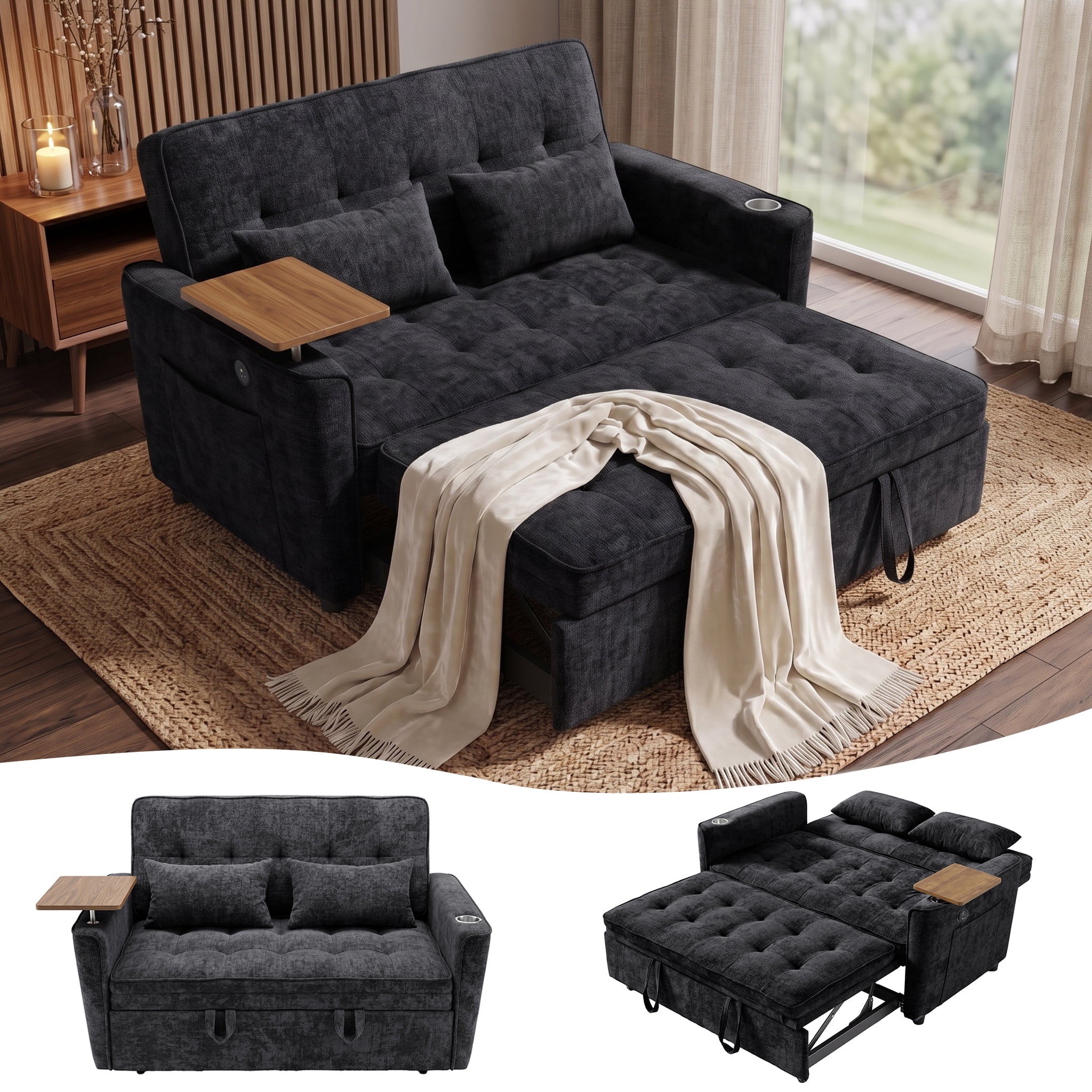 Xiweot 54" Convertible Sleeper Sofa Bed, Full Size Pull Out Couch with Adjustable Backrest, USB Ports & Cup Holder, Chenille Loveseat Sleeper for Apartment Living Room, Black