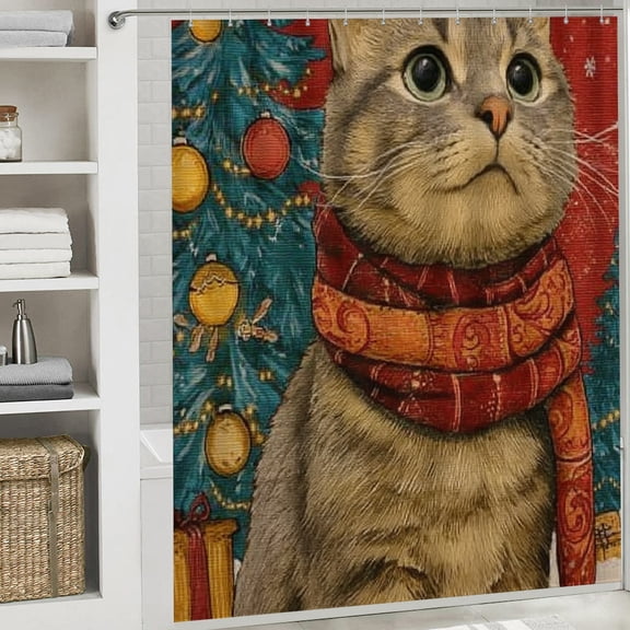 Christmas Shower Curtain, Cat Theme Christmas Curtain with Hooks for Home Bathroom Decor Washable Curtains, 72x72 in