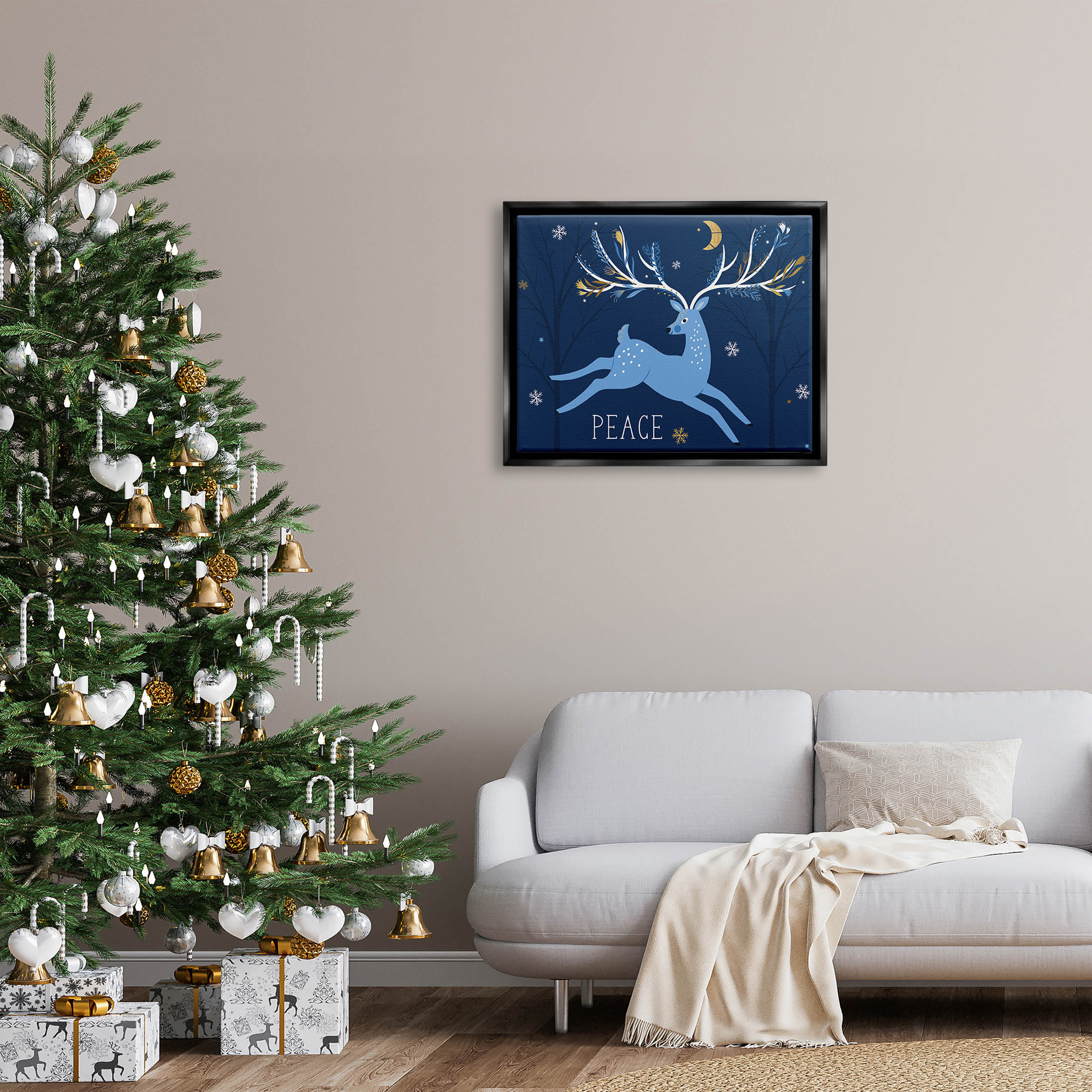 Peace Jumping Deer Snowflakes Holiday Graphic Art Jet Black Framed Art Print Wall Art