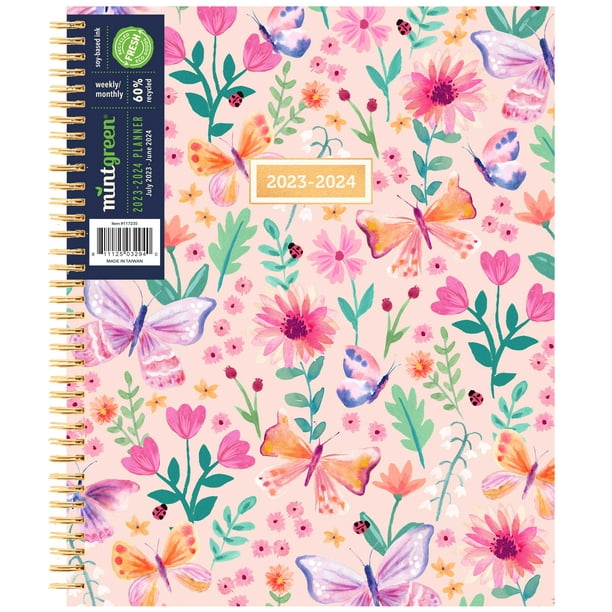20232024 Mintgreen Daily, Weekly, Monthly Spiral Planner, 9" x 11", Butterfly