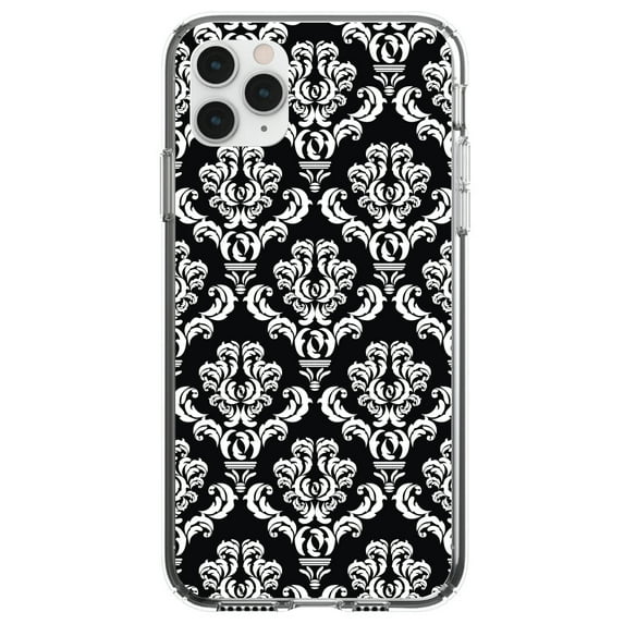 DistinctInk Clear Shockproof Hybrid Case for iPhone 12 / 12 PRO (6.1" Screen) - TPU Bumper, Acrylic Back, Tempered Glass Screen Protector - Black White Damask Pattern - Floral Damask Pattern
