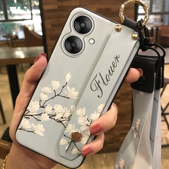 HBH-Phone Case For Redmi 13C 5G/13R 5G, Ring Kickstand Anti-knock Wristband Anti-dust Soft case Phone Holder Flower Waterproof Fashion Design Wrist Strap Lanyard Protective Silicone