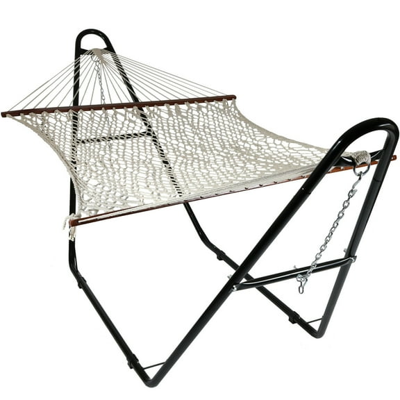 Sunnydaze 2-Person Cotton Rope Spreader Bar Hammock with Stand, 450 lb - Natural