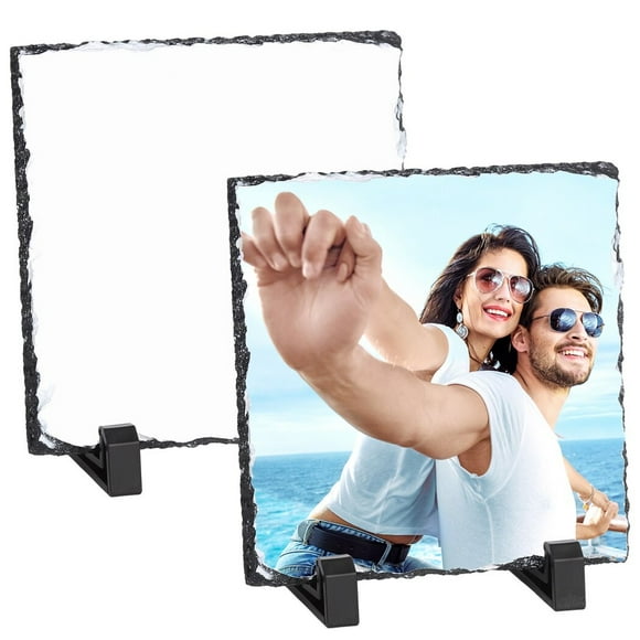 2 PCS Sublimation Blank Slates, 5.5" Square Customized Photo Slate with Stands, Heat Transfer Photo Plaque, Desktop Rock Stone Photo Frame for Home Decoration, DIY Gifts