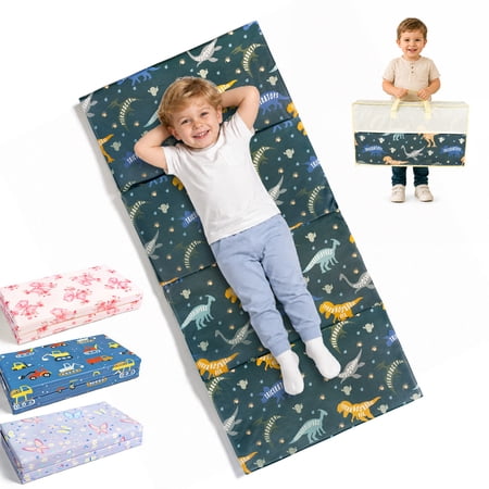 Zenkitch Kids Vinyl Nap Mat with Carry Bag, 48" x 23" Trifold Toddler Rest Mat, Waterproof & Wipeable, Green Dinosaur