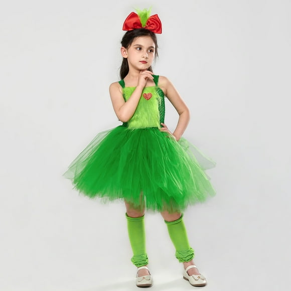 Robe Tutu en Maille Verte pour Fillettes, Costume de Noël pour Tout-Petits, Robe avec Couvre-Chef et Jambières, Ensembles 3 Pcs, Performance, Fête, Noël, Petites Filles, Robes Taille 5-6 pour Mariage, Robes de Noël pour Filles Taille 12