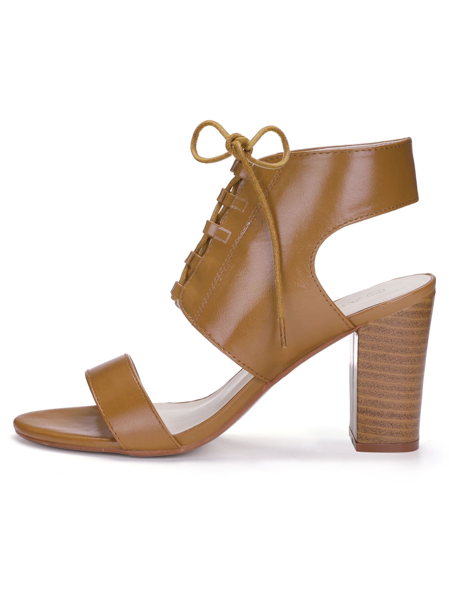 Unique Bargain Women's Stacked High Heel Slingback Open Toe Lace Up Sandals Brown (Size 6