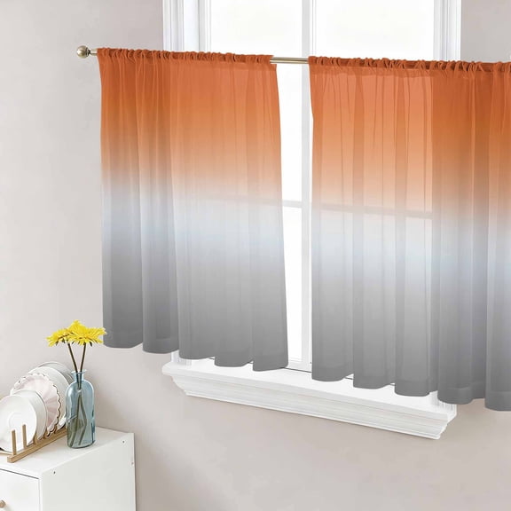 Burnt Orange Gray Ombre Semi Sheer Window Curtains 54 Inches Long, Modern Gradient Abstract Art Rod Pocket Voile Silky Chiffon Curtain Light Filtering Drapes for Living Room, 52"x54", 2 Panels