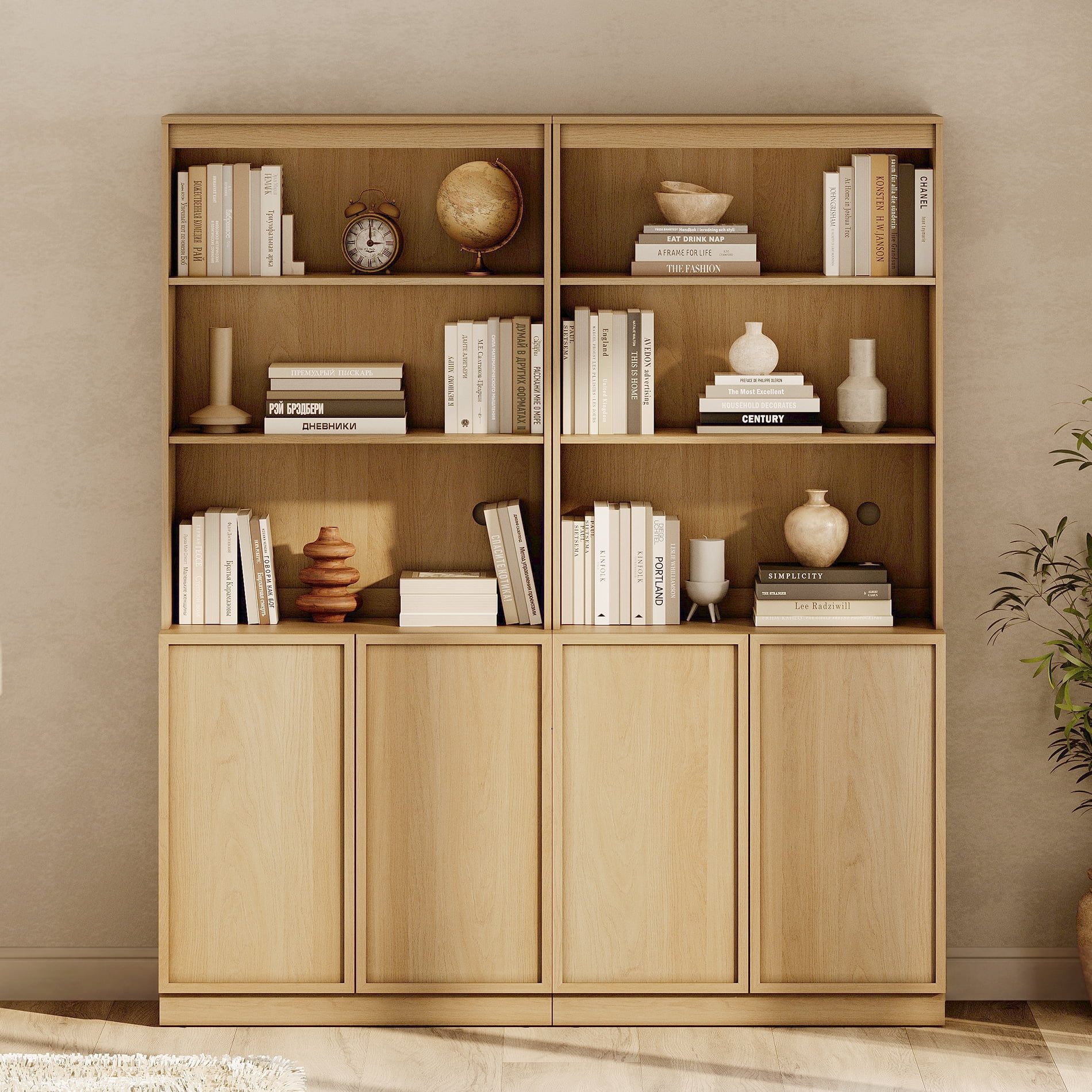 Modern 72" Tall Bookshelf with Storage Cabinet and Open Book Shelves, Wood Book shelf for Home Office, Living room,Oak
