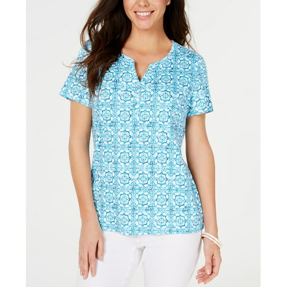 Karen Scott Printed Short Sleeve Henley Pacific Aqua S