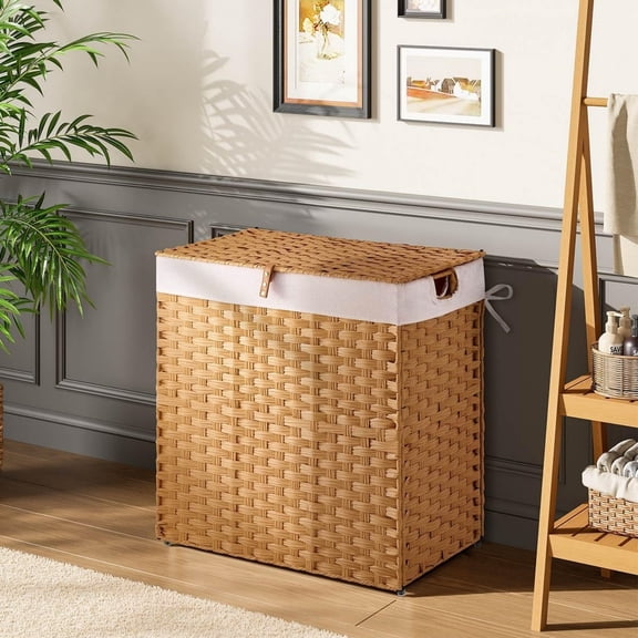 Laundry Hamper with lid, No Install Needed, 110L Wicker Laundry Baskets Foldable 2 Removable Liner Bags, 2 Section Clothes Hamper Handwoven Rattan Laundry Basket with Handles, Natural