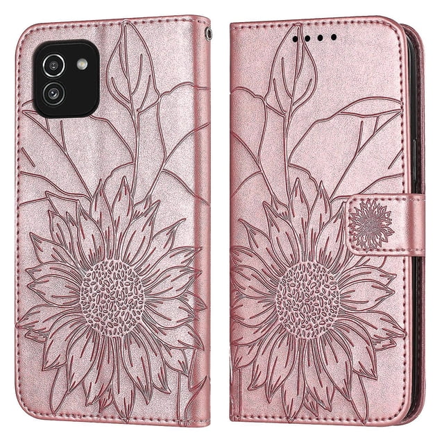 Funda tipo cartera con girasoles grabados para Samsung A03 166, multifuncional, elegante y con protección total.