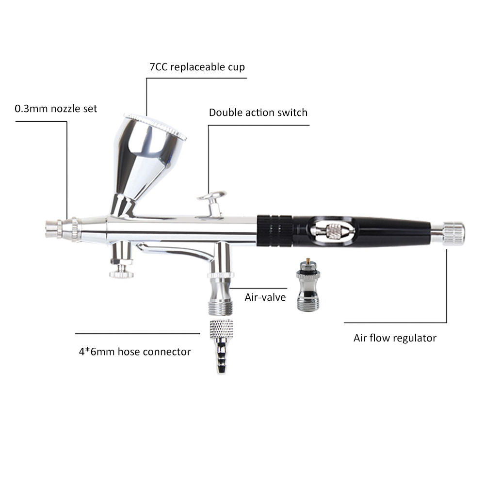 Dual Action Airbrush Gun 20 40CC 0.3MM Spary Pen Clean Kit Hose Black Red Blue Color ,Versatile applications