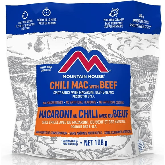 Mountain House Chili Mac avec Pochette de Bœuf Sac à Dos Lyophilisé et Nourriture de Camping Nourriture de Survie et d'Urgence Repas d'Entrée Facile à Préparer Délicieux et Nutritif 6 Pochette