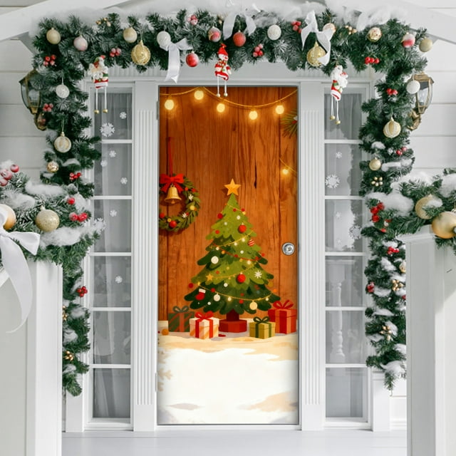 BotaniNest Door Curtain With Festive Holiday Design Red Background With Snowflakes And Trees Fabric Door Cover For Party And Home Holiday Display