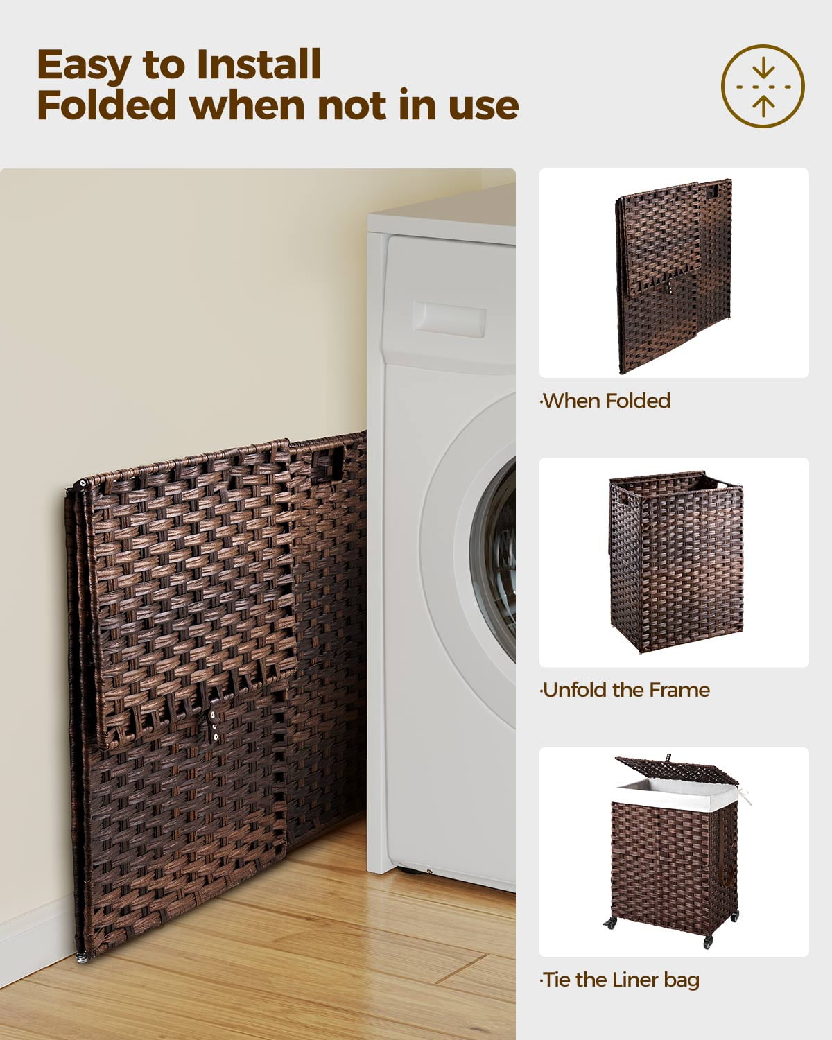 Rolanstar 90L Laundry Hamper with Wheels, No Install Needed, Divided Handwoven Hampers & 2 Removable Liner Bags, Synthetic Rattan Clothes Laundry Basket with Lid & Handles, Foldable Hampers Brown