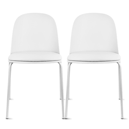 Set of 2 Stackable Dining Kitchen Chairs Plastic Armless Side with Back Curved Round Shape Chrome Metal Legs Indoor Outdoor Patio White