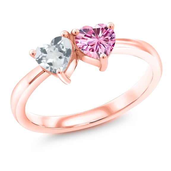 Gem Stone King 18K Rose Gold Plated Silver Ring Heart Shape Sky Blue Aquamarine and Vivid Pink Moissanite (0.92 Cttw, Size 5)