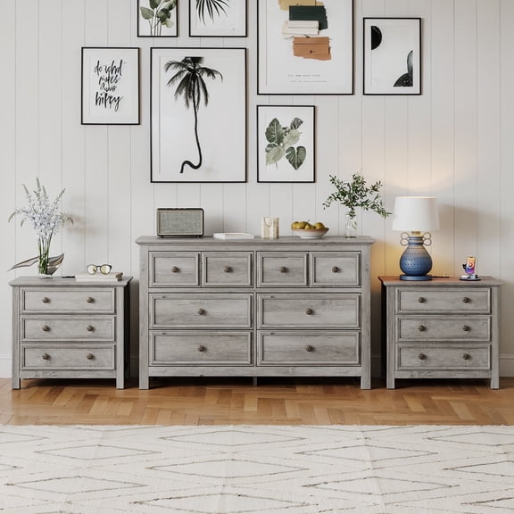 Holliwill Dresser Nightstand Set, Farmhouse Bedroom 3 Pieces Set, Wide 8 Drawer Dresser and 3 Drawer Nightstand with Open Shelf & Charging Station, Chest of Drawers for Bedroom, Grey