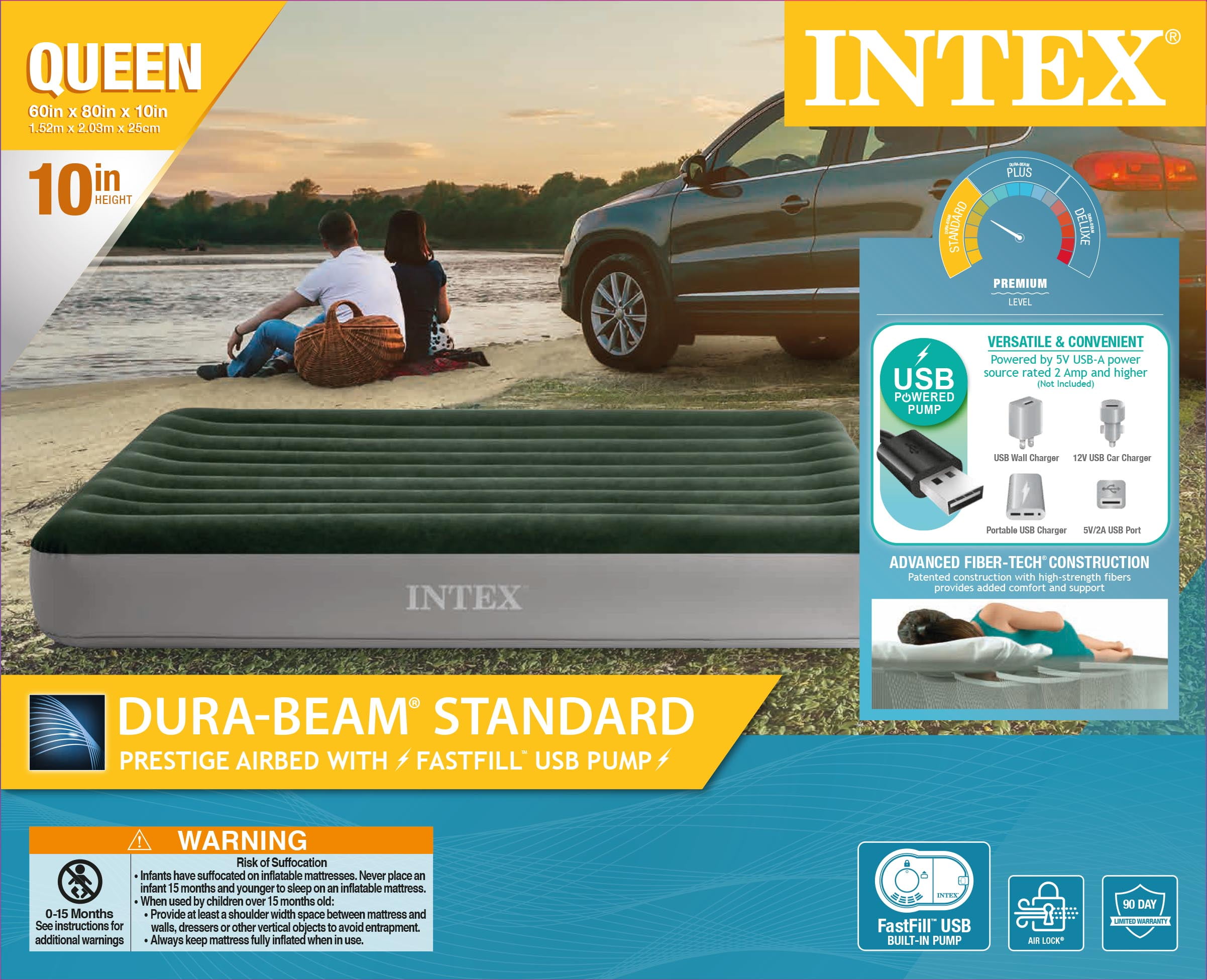 Intex 10in Queen Durabeam Prestige Air Mattress Bed with Internal Fastfill USB Powered Pump