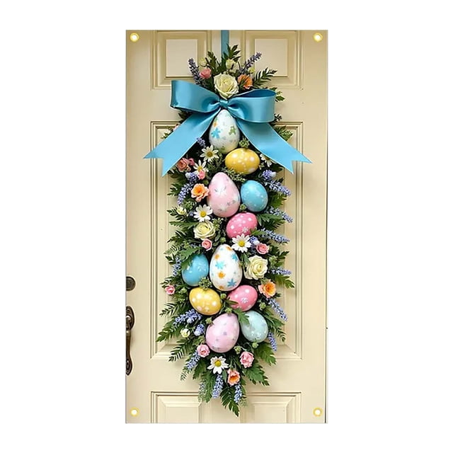 YWIYIUD 1PC Happy Easter Door Cover Easter Decorations, 71x35 Inch Easter Rabbit Eggs Door Banner Welcome Easter Banner Spring Theme Rabbit Door for Front Door Wall Indoor Outdoor Home Decor