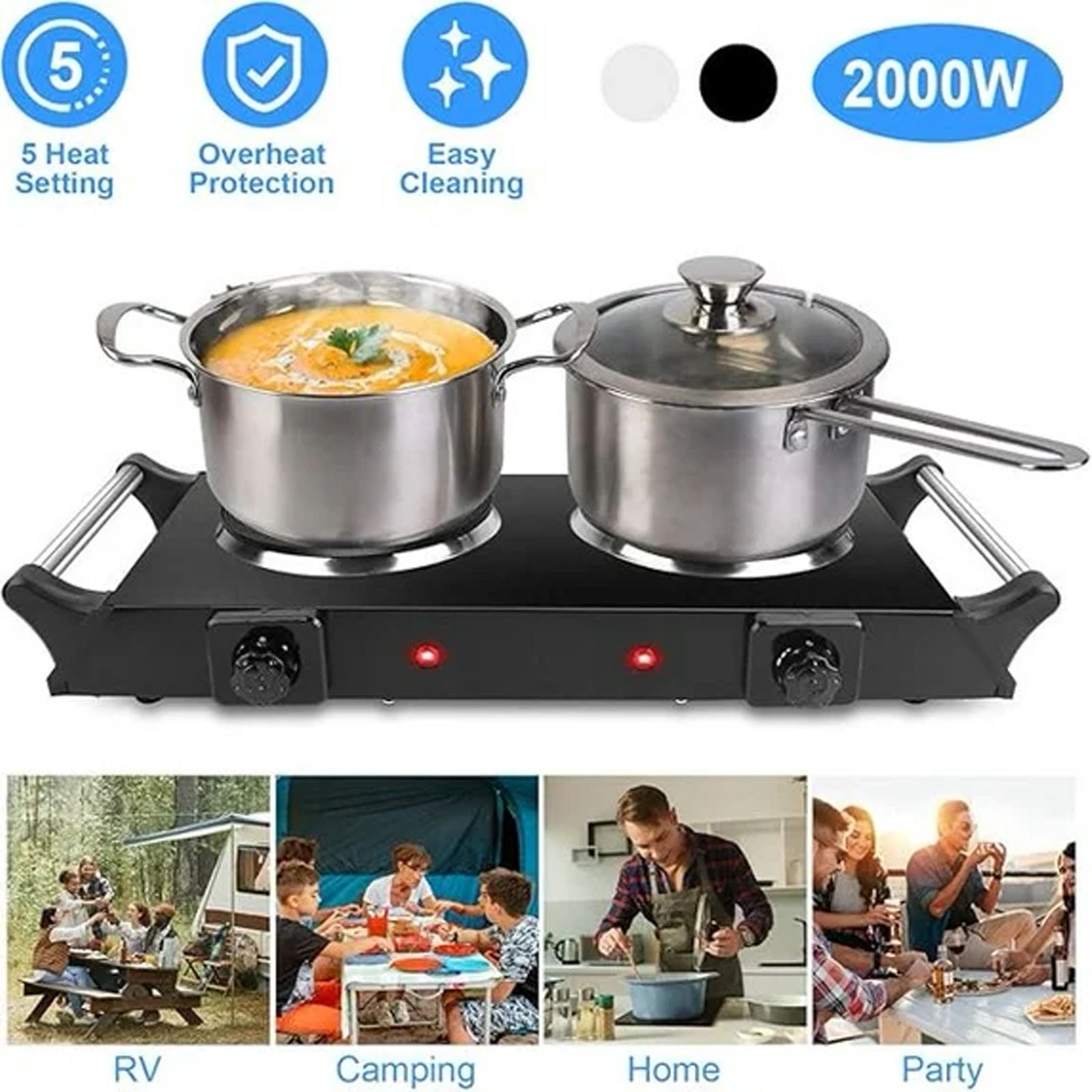 Double Countertop Burner, 2000W Electric Hot Plate and Stove with 5 Temperature Controls, Portable Lightweight Burner Cooktop for Cooking, Dorms, Apartments, RV, Compatible Cookware, Black
