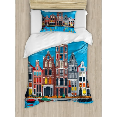 

Amsterdam Duvet Cover Set Twin Size Colorful Hand-drawn Art of Famous Canal with Boats and Old Fashioned Apartments Decorative 2 Piece Bedding Set with 1 Pillow Sham Multicolor by Ambesonne