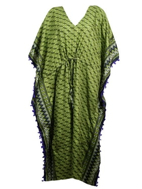 Mogul Women's Kimono Caftan Green Printed V- Neck Pom Pom Tassel Long Maxi Kaftan 3X