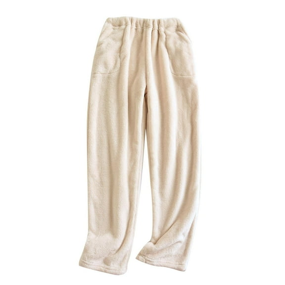 Xfvqtps Womens Fuzzy Pajama Pant Straight Wide Leg Solid Color Simplicity Flannel Elastic Cozy Comfortable Soft Fashion Thickened Warm Winter Home Leisure Wear Long Pants Lounge Pants Beige XL
