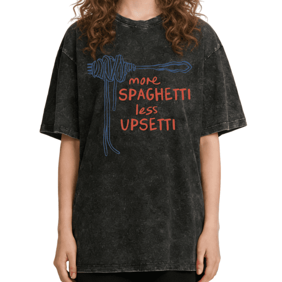 Women's Vintage "More Spaghetti Less Upsetti" Funny Pasta Graphic Breathable Washed Tee Black S-2XL Plus Size