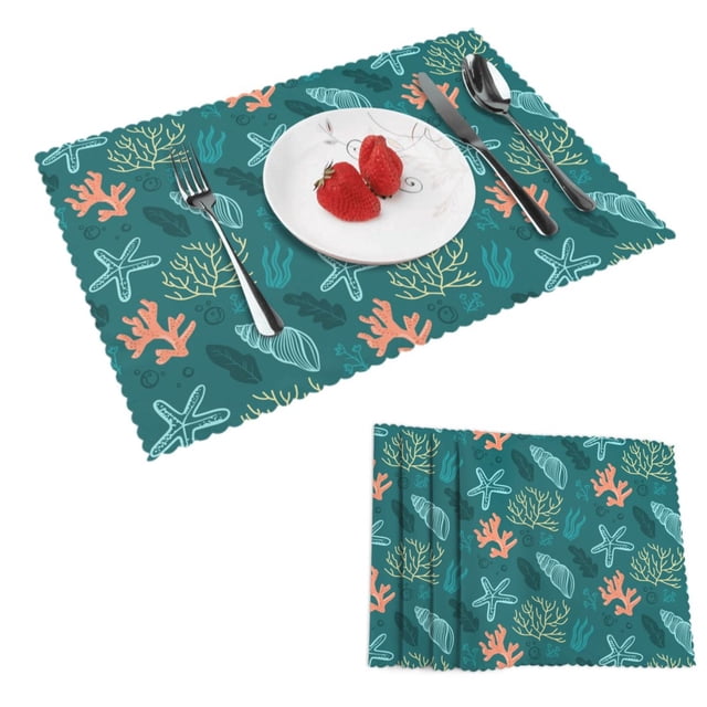 DouZhe Polyester Set de 4 Napperons, Mignon Dessin Animé Corail Coquillages Motif Résistant à la Chaleur Place Mats pour Table à Manger, 12 "x 18"