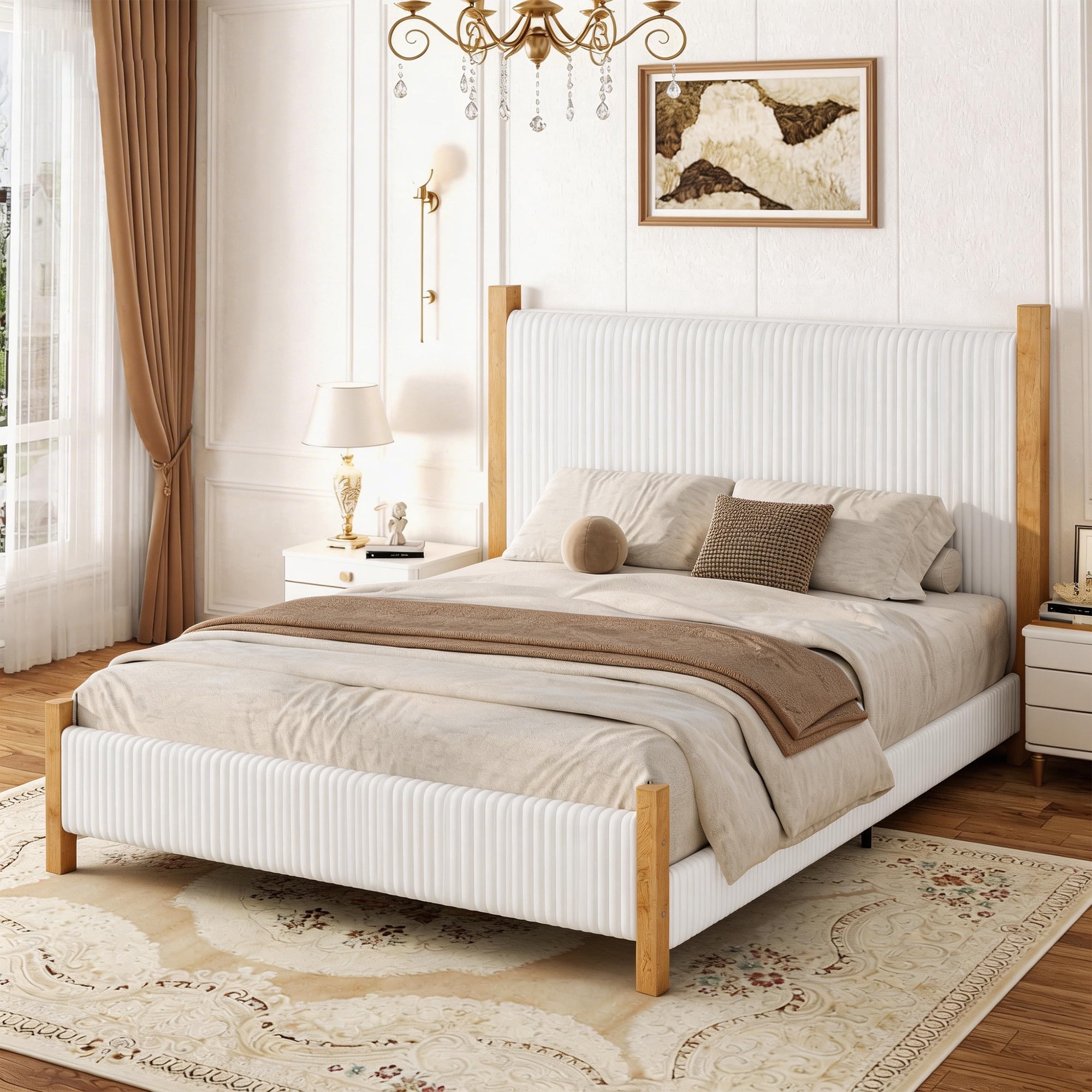 Queen Size Corduroy Upholstered Bed Frame with Vertical Channel Headboard, Noise-Free Platform Bed No Box Spring Needed, Sturdy Structure & Easy Assembly, White