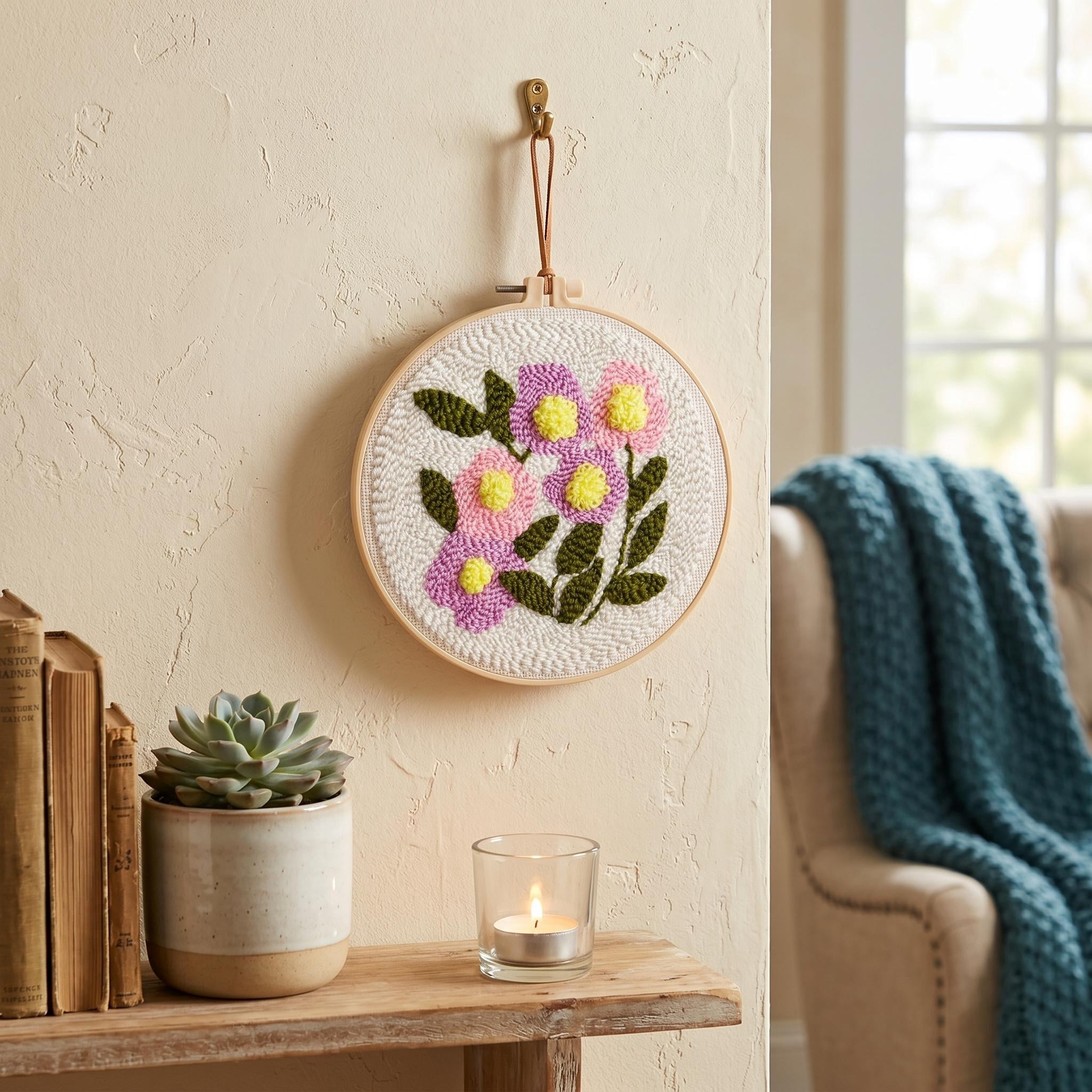 Flower Punch Needle Embroidery Kit for Beginners, DIY Cross Stitch Starter Set with Patterned Fabric, Yarn, Embroidery Hoop, Complete Handcraft Kit for Adults, Home Wall Decor Gift