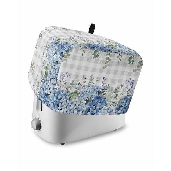 Blue Flower Small Toaster Cover 2 Slice, Kitchen Appliance Covers, Grey Plaid Hydrangeas Eucalyptus Leaves Toaster Oven Cover with Loop, Bread Machine Cover Polyester Dust Cover Protection