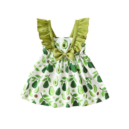 

TheFound Summer Baby Girls Holiday Cute Dress Ruffles Sleeveless Watermelon/Avocado Printed A-Line Bow Dress