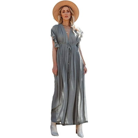 Kukuzhu Women Beach Cover Up Waist Boho Rope Dress Bikini Swimsuit Slubbed Button Pockets Holiday Sun Proof Tunic Gown