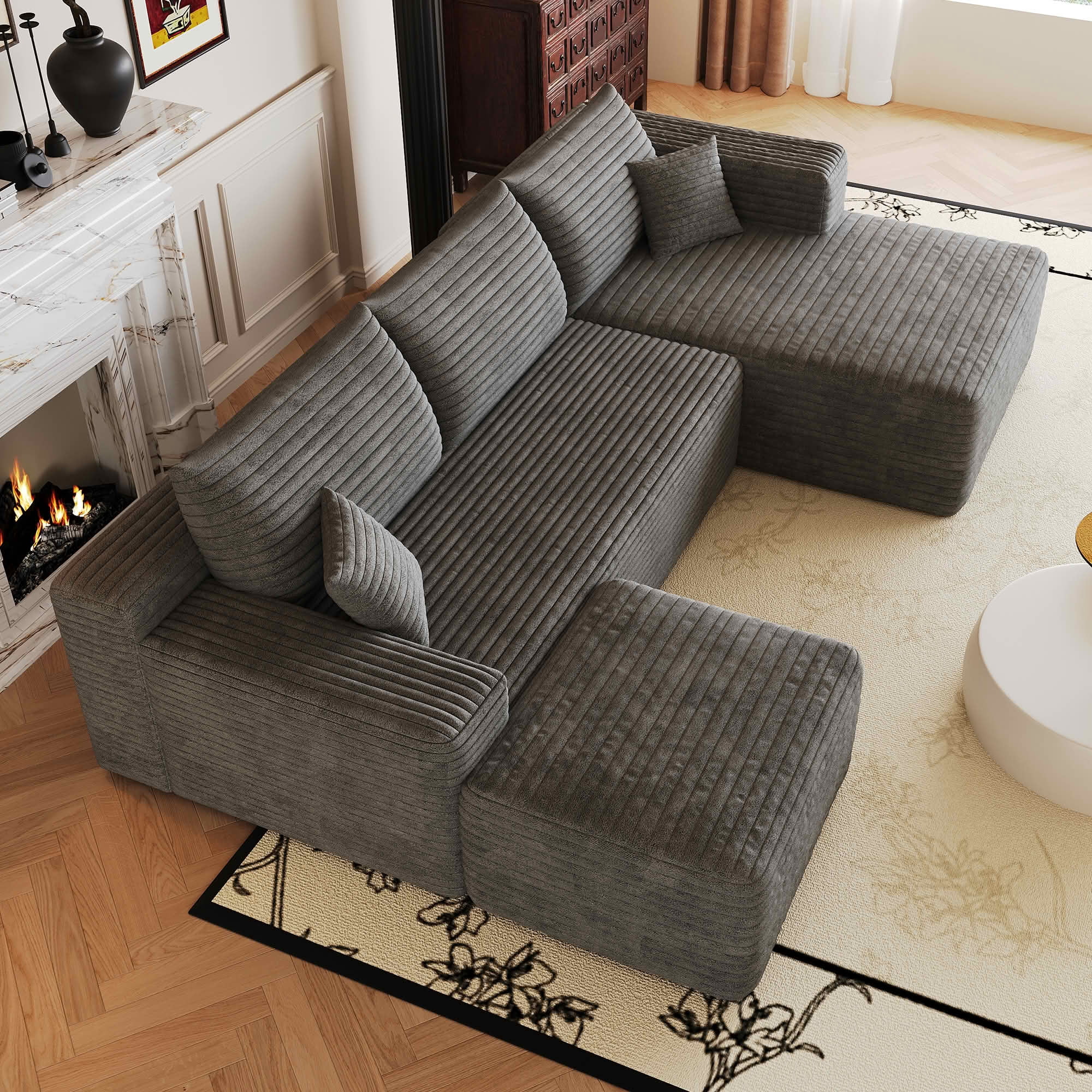 MAYEERTY 103 Inch L‑Shaped Cloud Sectional Sofa with 1 Ottoman, Modern Minimalist Deep‑Seat Corner Couch, Plush Corduroy Upholstered Reversible Sofa, No‑Assembly Required for Living Room Apartment