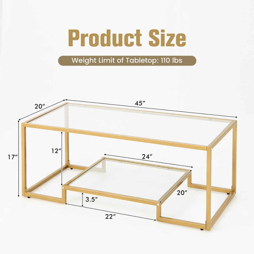Finihen Coffee Table, Glass Coffee Table, Modern 2-Tier Rectangular Coffee Table with Glass Table Top, for Living Room, Reception Room, Golden Finihen Coffee Table, Glass Coffee Table, Modern 2-Tier Rectangular Coffee Table with Glass Table Top, for Living Room, Reception Room, Golden