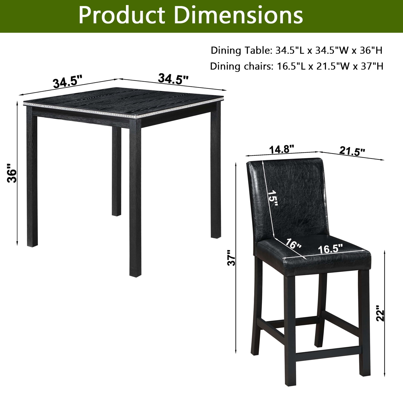 Gewnee Modern 5 Piece Dining Table Set,Counter Height Dining Table with Crystal Decoration and 4 PU Upholstered Chairs for Kitchen,Dining Room,Black