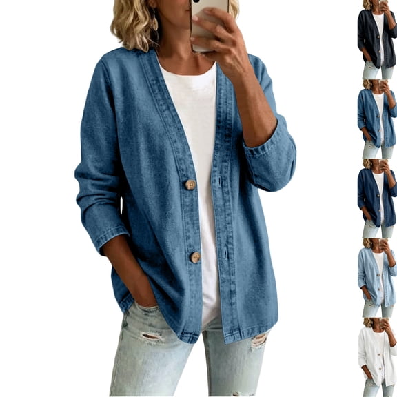 Womens Classic Button Front Breathable Stretch Denim Jacket Relaxed Fit Lightweight Casual Long Sleeve Cardigan Coat,Blue,L