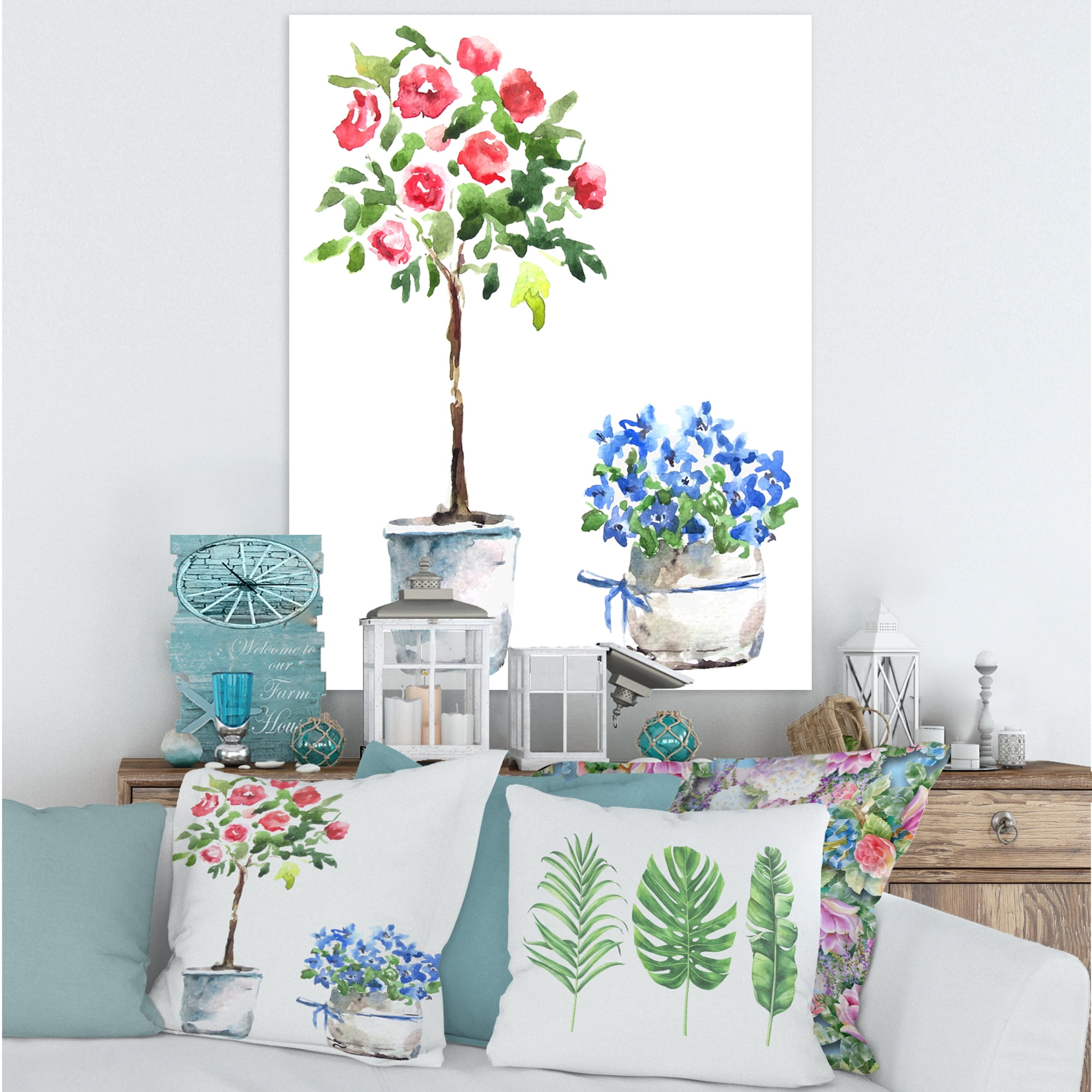 Designart ' Red and Blue Houseplants ' Traditional Canvas Wall Art Print