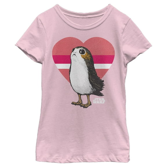 Girl's Star Wars: The Last Jedi Valentine Porg Striped Heart Graphic Tee Light Pink Medium