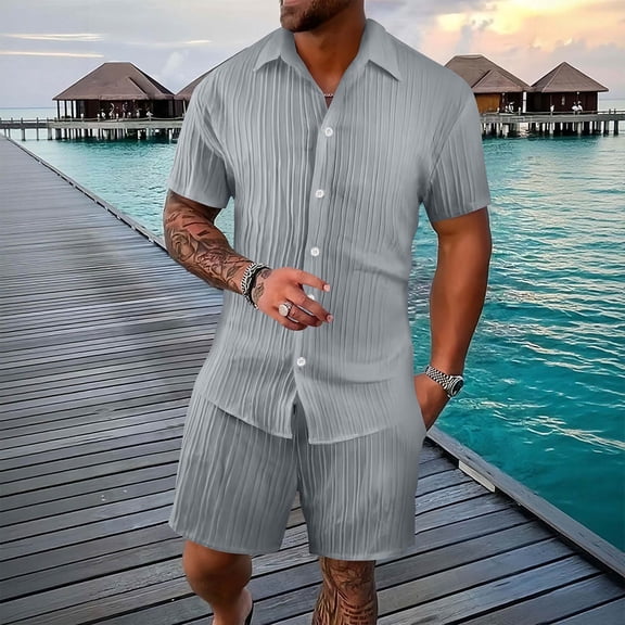 Men's Short Sets 2 Piece Outfits Cuban Guayabera Short Sleeve Shirts and Shorts Summer Beach Vacation Sets for Men