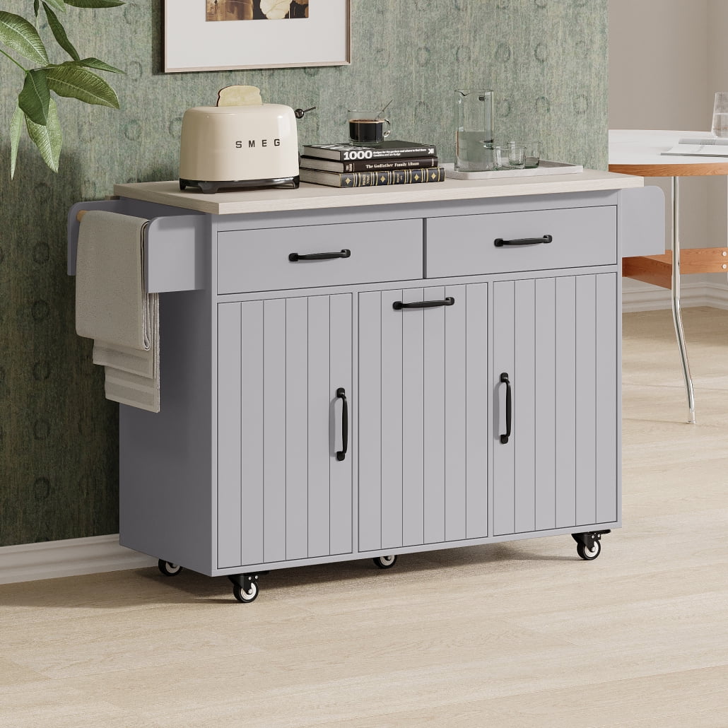 Rolling Kitchen Island with Trash Can Storage Cabinet,Mobile Kitchen Cart with Drop Leaf, Adjustable Spice Rack, Towel Rack and Drawer, Grey