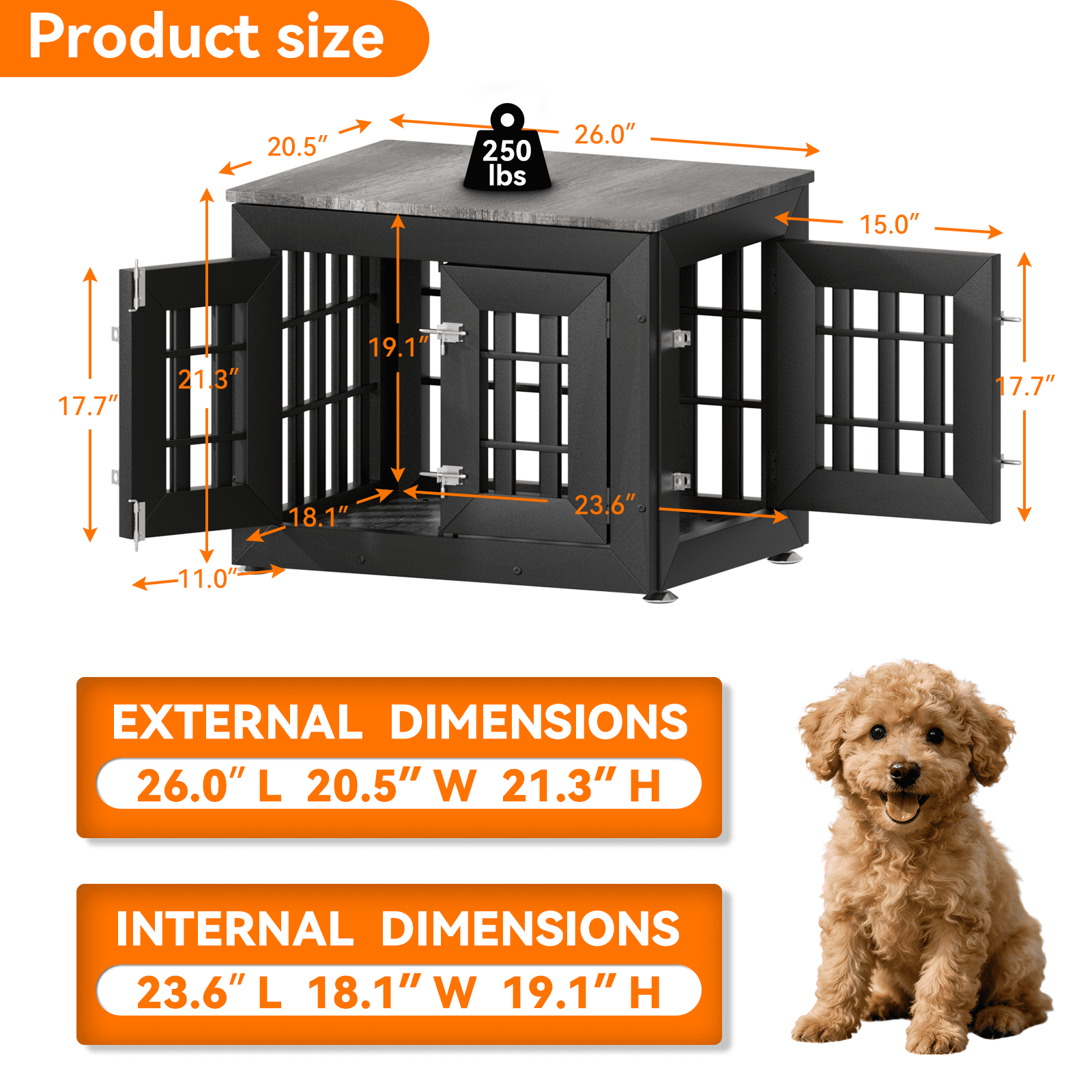 Snuowu 26" Heavy Duty Dog Crate Furniture for Small,Medium and Large Dogs,Rustic Wooden Dog Cage Kennel Indoor Furniture with Waterproof Top,Decorative Pet House Side End Table (Black & Grey)