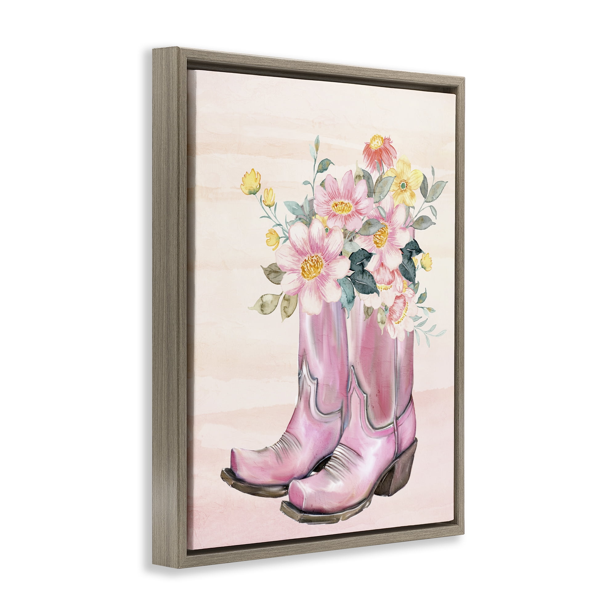 Wildflower Floral Boots Brown Framed Floater Canvas Wall Art, design by Kim Allen