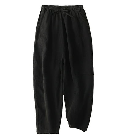 Tuphregyow Women s Cotton Linen Leisure Capris Clearance New Style Hiking Solid Trendy Wide Leg Casual Baggy Pants High Waist Pleated Loose Pants Black XXL