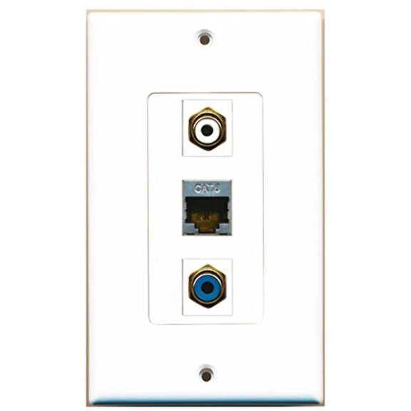 RiteAV - 1 Port RCA White and 1 Port RCA Blue and 1 Port Shielded Cat6 Ethernet Decorative Wall Plate Decorative