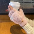 thumbnail image 1 of Guantes de invierno cálidos para mujer, con forro polar grueso, para estudiantes, para escribir, montar, tejidos, con medio dedo, con dibujos animados, 1 of 6