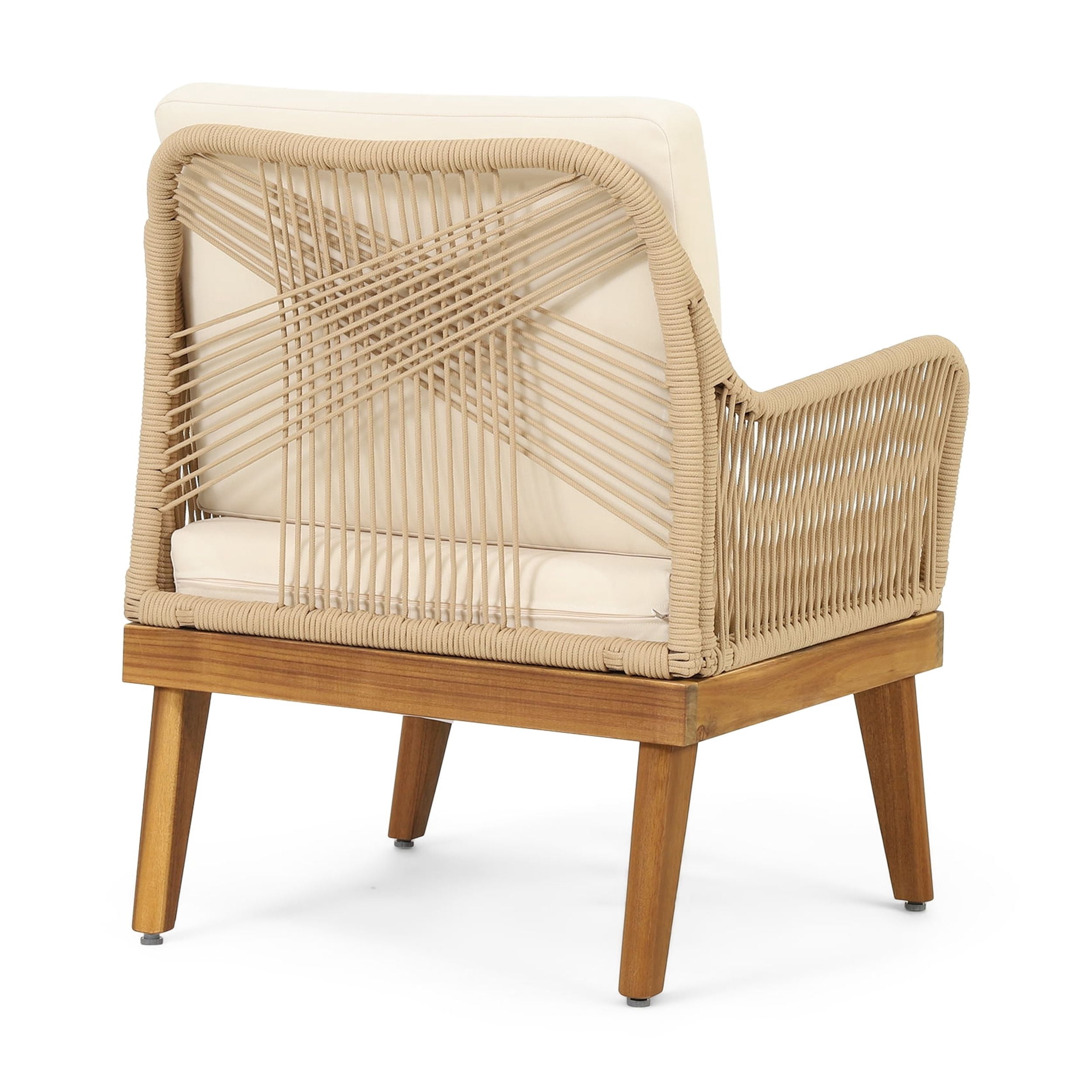 Outdoor Single Leisure Chair, Acacia Wood and Rope Weave Integrated Design for Patio Garden, Teak and Beige